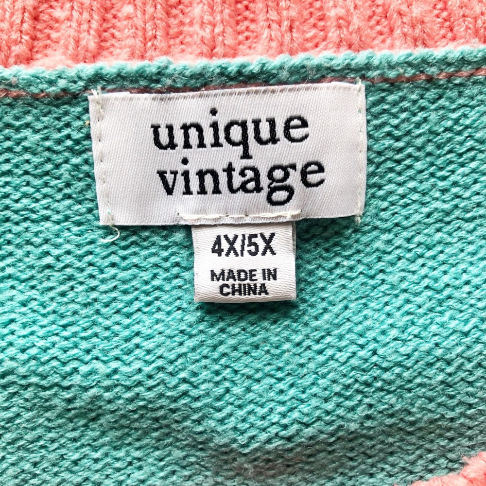Unique Vintage Sweater Womens 4X 5X Colorblock Teal Green Pink Frog Cardigan - Picture 7 of 12